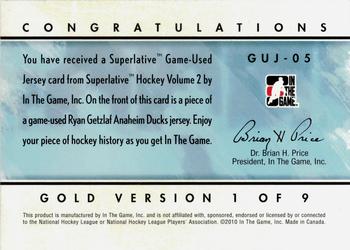 2009-10 In The Game Superlative - Game Used Jerseys Gold #GUJ05 Ryan Getzlaf  Back