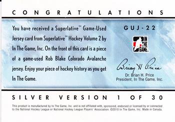 2009-10 In The Game Superlative - Game Used Jerseys Silver #GUJ-22 Rob Blake  Back