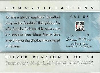 2009-10 In The Game Superlative - Game Used Jerseys Silver #GUJ-07 Teemu Selanne  Back