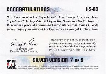 2009-10 In The Game Superlative - How Swede It Is Silver #HS-03 Jacob Markstrom  Back