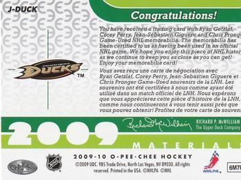 2009-10 O-Pee-Chee - Materials - Quad Jerseys #J-DUCK Chris Pronger / Corey Perry / Jean-Sebastien Giguere / Ryan Getzlaf  Back