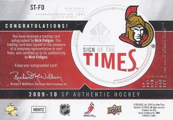 2009-10 SP Authentic - Sign of the Times #ST-FO Nick Foligno Back