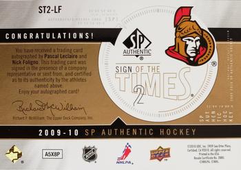 2009-10 SP Authentic - Sign of the Times 2 #ST2-LF Pascal Leclaire / Nick Foligno Back