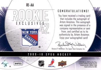 2009-10 SP Game Used - Rookie Exclusives Autographs #RE-AA Artem Anisimov  Back