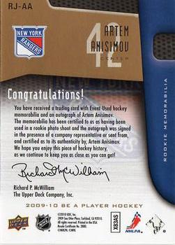 2009-10 Upper Deck Be A Player - Rookie Jerseys Autographed #RJ-AA Artem Anisimov  Back