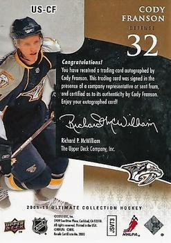 2009-10 Upper Deck Ultimate Collection - Ultimate Signatures #US-CF Cody Franson  Back