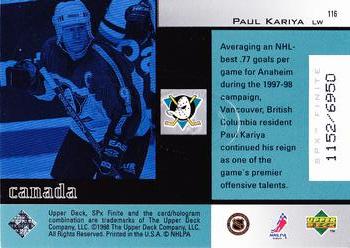 1998-99 SPx Finite #116 Paul Kariya Back
