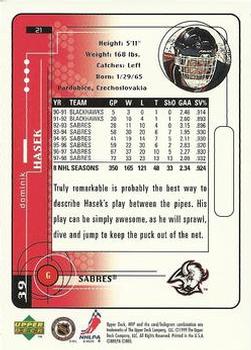 1998-99 Upper Deck MVP #21 Dominik Hasek Back