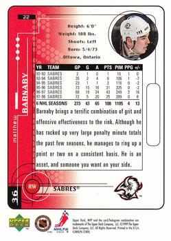 1998-99 Upper Deck MVP #22 Matthew Barnaby Back