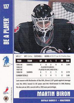 1999-00 Be a Player Memorabilia #137 Martin Biron Back