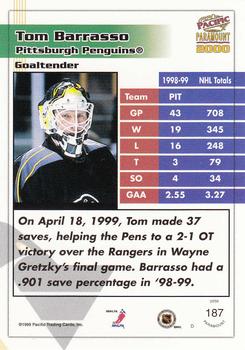 1999-00 Pacific Paramount #187 Tom Barrasso Back