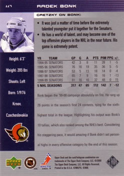 1999-00 Upper Deck Wayne Gretzky #117 Radek Bonk Back
