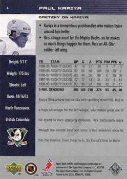 1999-00 Upper Deck Wayne Gretzky #1 Paul Kariya Back