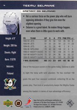 1999-00 Upper Deck Wayne Gretzky #4 Teemu Selanne Back