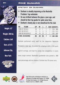 1999-00 Upper Deck Wayne Gretzky #94 Mike Dunham Back