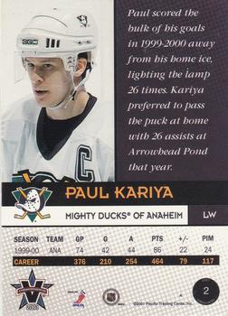 2000-01 Pacific Vanguard #2 Paul Kariya Back
