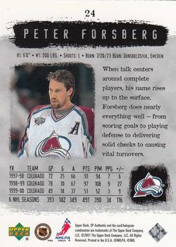 2000-01 SP Authentic #24 Peter Forsberg Back