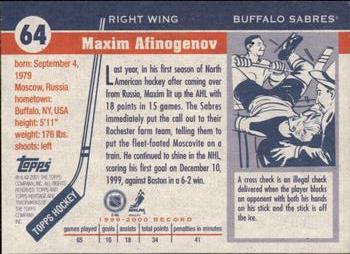 2000-01 Topps Heritage #64 Maxim Afinogenov Back