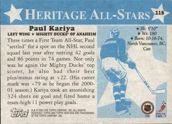 2000-01 Topps Heritage #218 Paul Kariya Back