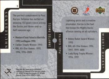 2000-01 Upper Deck Legends #3 Paul Kariya / Teemu Selanne Back