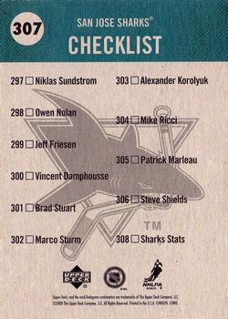 2000-01 Upper Deck Vintage #307 Sharks Checklist Back