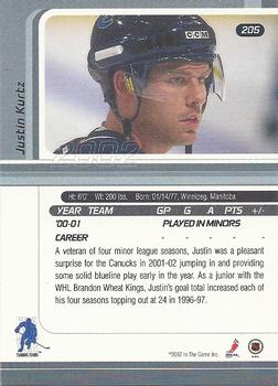 2001-02 Be a Player Signature Series #205 Justin Kurtz Back