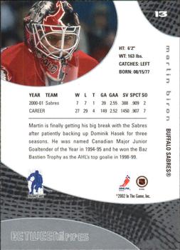2001-02 Be a Player Between the Pipes #13 Martin Biron Back