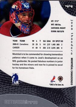 2001-02 Be a Player Between the Pipes #44 Jose Theodore Back