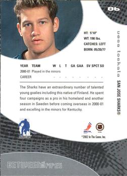 2001-02 Be a Player Between the Pipes #86 Vesa Toskala Back
