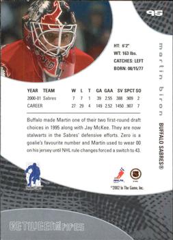 2001-02 Be a Player Between the Pipes #95 Martin Biron Back