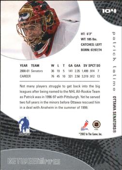 2001-02 Be a Player Between the Pipes #104 Patrick Lalime Back