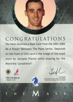 2001-02 Be a Player Between the Pipes - The Mask #NNO Jacques Plante Back