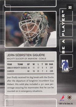 2001-02 Be a Player Memorabilia #32 Jean-Sebastien Giguere Back