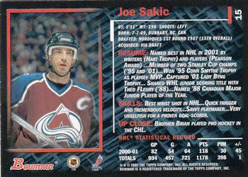 2001-02 Bowman YoungStars #15 Joe Sakic Back