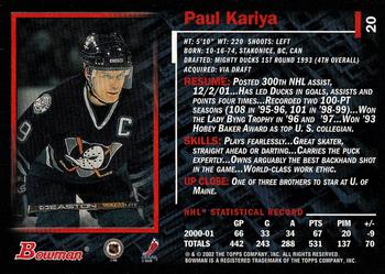 2001-02 Bowman YoungStars #20 Paul Kariya Back