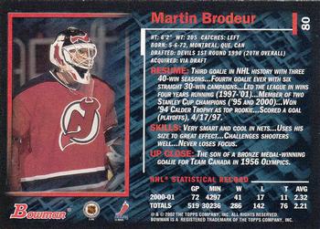2001-02 Bowman YoungStars #80 Martin Brodeur Back