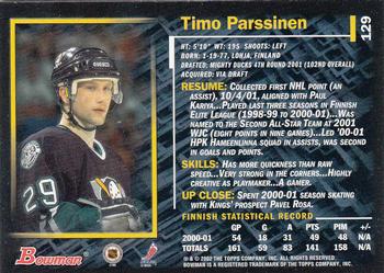 2001-02 Bowman YoungStars #129 Timo Parssinen Back