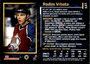 2001-02 Bowman YoungStars #137 Radim Vrbata Back