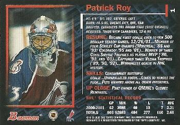 2001-02 Bowman YoungStars #1 Patrick Roy Back