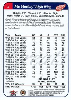 2001-02 Fleer Greats of the Game #1 Gordie Howe Back