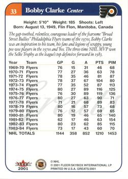 2001-02 Fleer Greats of the Game #33 Bobby Clarke Back