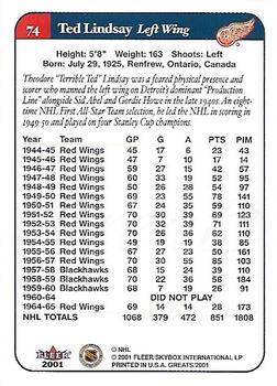 2001-02 Fleer Greats of the Game #74 Ted Lindsay Back