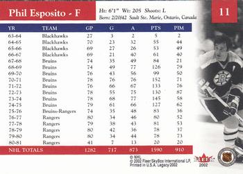 2001-02 Fleer Legacy #11 Phil Esposito Back