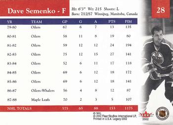 2001-02 Fleer Legacy #28 Dave Semenko Back