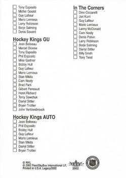 2001-02 Fleer Legacy #NNO Legacy NHL Checklist Back