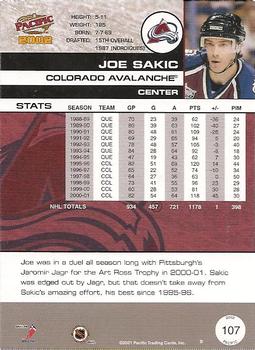 2001-02 Pacific #107 Joe Sakic Back