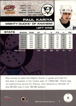 2001-02 Pacific #6 Paul Kariya Back