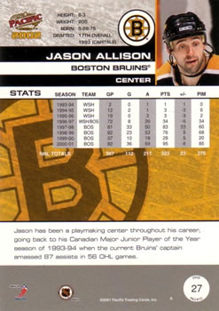 2001-02 Pacific #27 Jason Allison Back