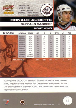 2001-02 Pacific #44 Donald Audette Back