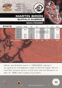 2001-02 Pacific #46 Martin Biron Back